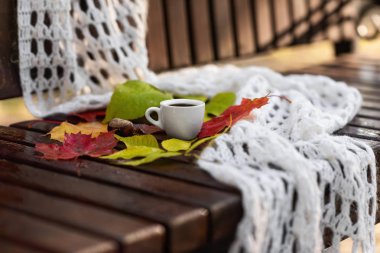 Sonbaharda yağmurdan sonra ıslak ahşap tezgah üzerinde küçük seramik kahve fincan, renkli düşmüş yaprakları, kestane ve beyaz örme şal