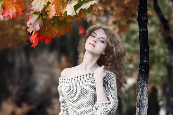 在秋天公园里 一个美丽的长发金发女孩穿着针织毛衣 看着相机旁边一棵五颜六色的绿色和红色的枫树 秋天的风景 — 图库照片