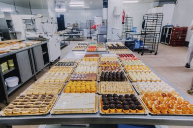 bir gıda fabrikası metal masa üzerinde hazırlanmış pek çok farklı seçenekler