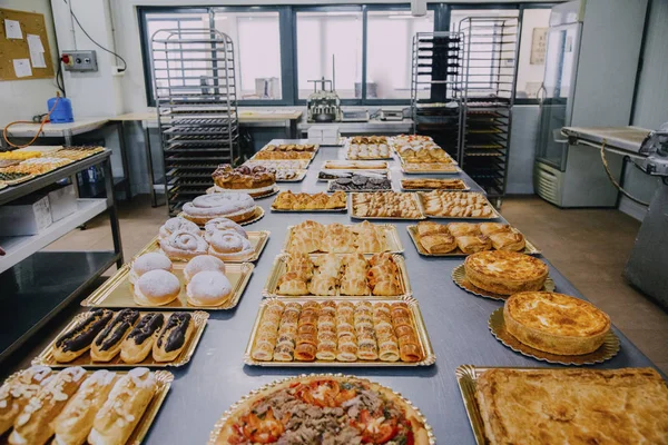 Muchos Platos Diferentes Preparados Mesa Metal Una Fábrica Alimentos — Foto de Stock