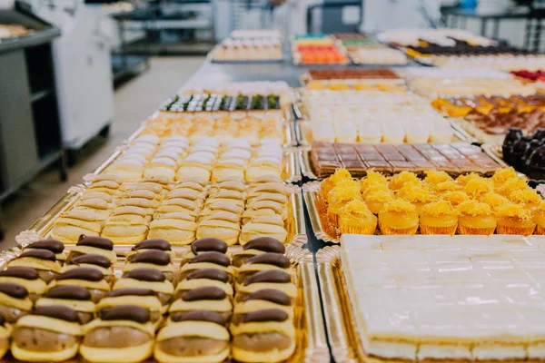 Muchos Platos Dulces Diferentes Preparados Mesa Metal Una Fábrica Alimentos — Foto de Stock