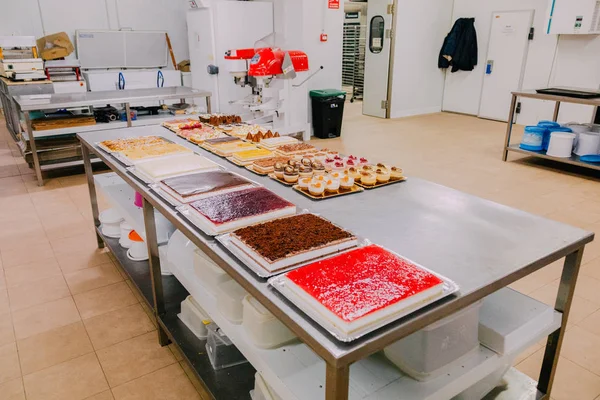 Molti Dolci Diversi Preparati Sul Tavolo Metallo Una Fabbrica Alimentare — Foto Stock