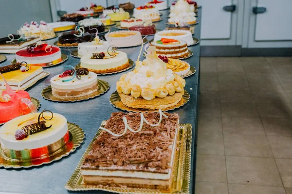 Muchos Pasteles Diferentes Preparados Mesa Metal Una Fábrica Alimentos — Foto de Stock