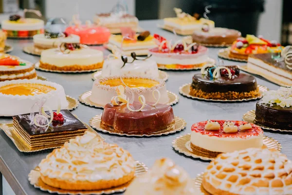 Muchos Pasteles Diferentes Preparados Mesa Metal Una Fábrica Alimentos — Foto de Stock