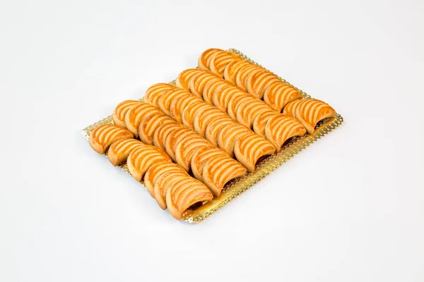 Moon Cookies Gold Tray White Background — Stock Photo, Image