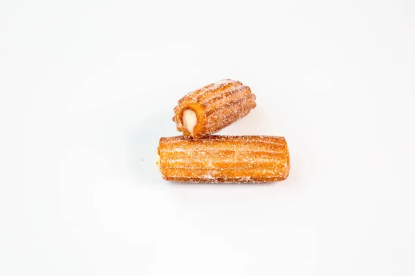 Zwei Süße Cremegefüllte Fritter Churros Mit Weißem Hintergrund — Stockfoto
