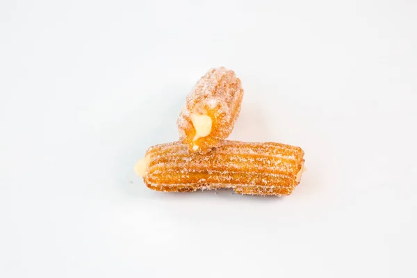 Două Creme Dulci Umplute Fritter Churros Fundal Alb — Fotografie, imagine de stoc