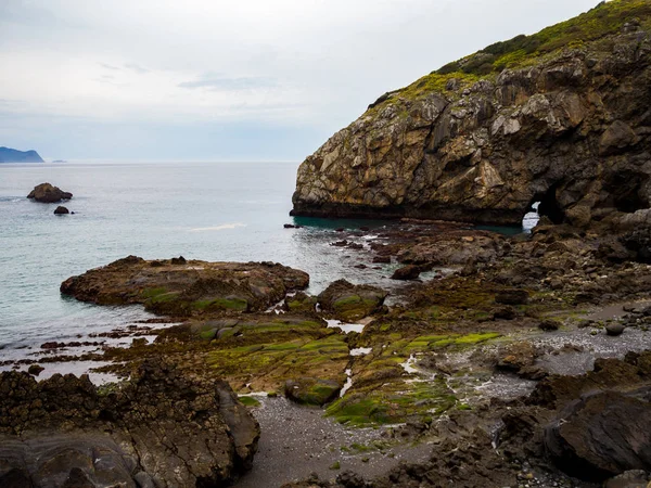 Kayalık plaj ve yeşil çim ile kayalıklar — Stok fotoğraf