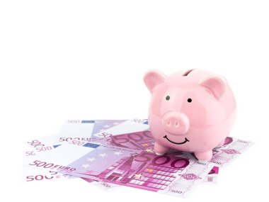 İzole kavramı kaydetmek, beyaz arka plan üzerinde Euro banknot üzerinde pembe kumbara.