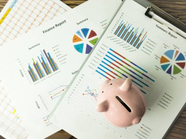 İş grafik, finans ve ekonomi kavramı üzerinde pembe kumbara.
