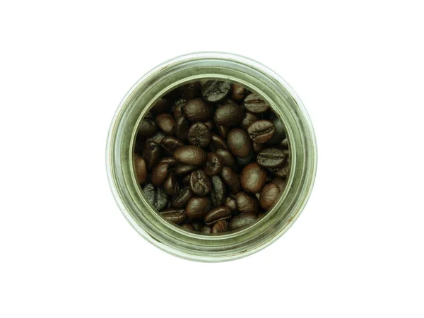 Kaffebönor Glasburk Isolerad Vit Bakgrund Närbild — Stockfoto
