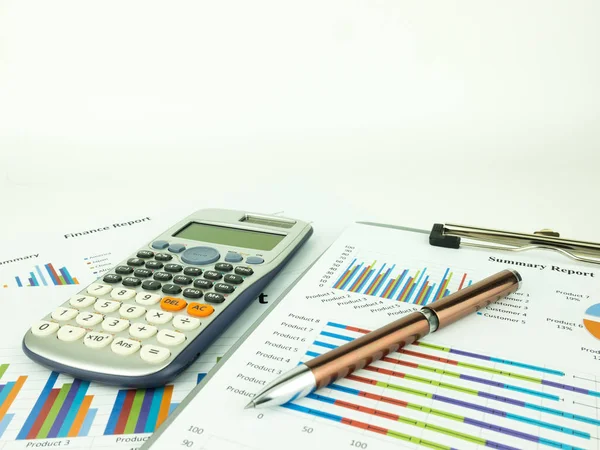 Marketing report chart and Financial graph analysis with pen and calculator.