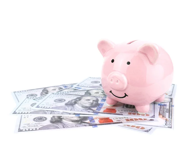 Banco Piggy Rosa Notas Dólares Isoladas Fundo Branco Conceito Poupança — Fotografia de Stock