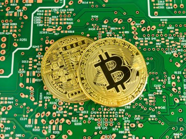 Bilgisayar devre kartı, baskılı devre kartları, Pcb üzerinde altın Bitcoin Cryptocurrency.