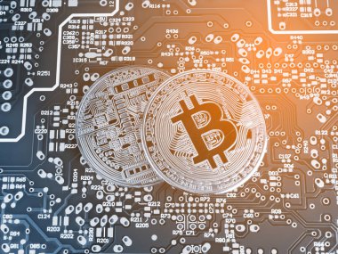 Bilgisayar devre kartı, baskılı devre kartları, Pcb üzerinde altın Bitcoin Cryptocurrency.