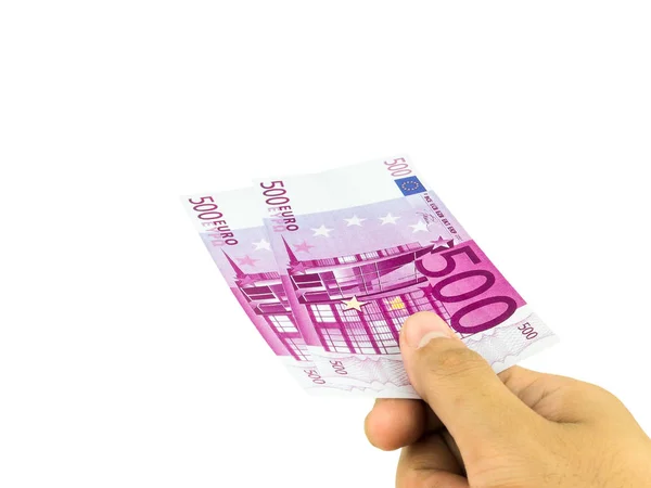 Мужская Рука Держать 500 500 Евро Банкноты Изолированные Белом Фоне — стоковое фото