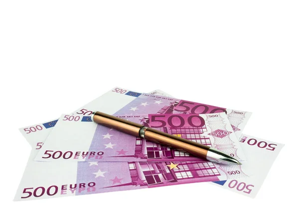 Банкноты 500 Евро Ручкой Фоном Европейских Валютах Траектория Клиппинга — стоковое фото