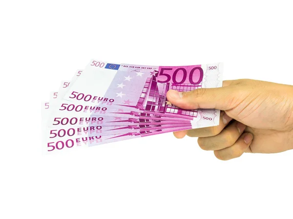 Мужская Рука Держать 500 500 Евро Банкноты Изолированные Белом Фоне — стоковое фото