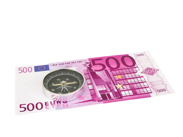 500 Euro Banknoten Mit Kompass Isoliert Auf Weißem Hintergrund Schneideweg — Stockfoto