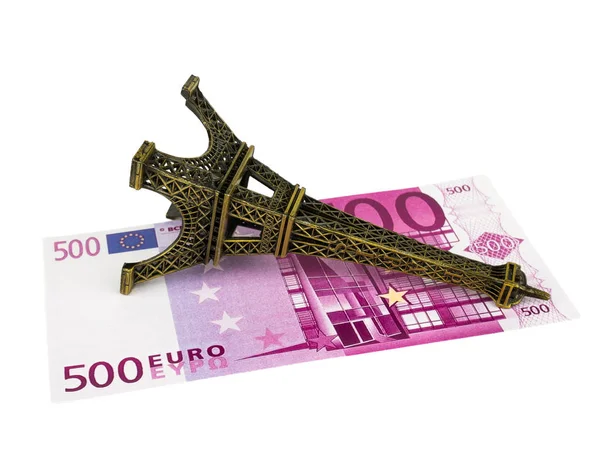 Billetes Quinientos 500 Euros Con Réplica Torre Eiffel Aislados Sobre —  Fotos de Stock