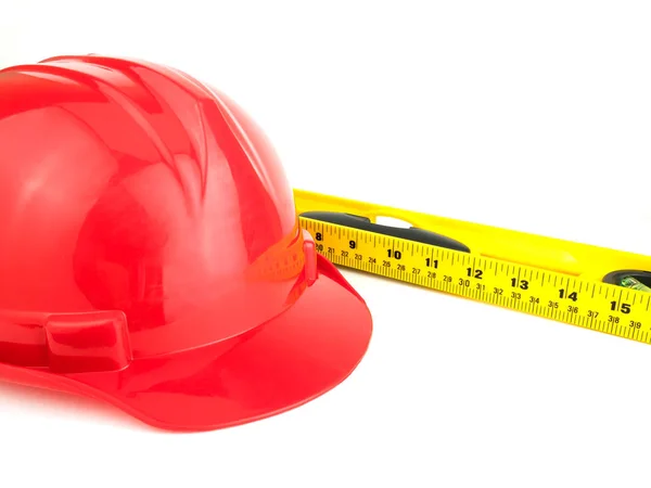 Red Safety Helmet Balance Ruler White Background Engineering Construction Concept — Stock Photo, Image