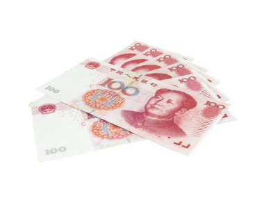 Beyaz arka plan üzerinde kırpma yolu Çin yuan para birimleri, izole 100 Yuan banknotlar yığın çok.