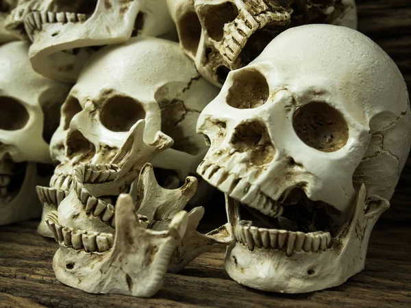 Awesome pile of skull and bone on old wooden background, Still Life style, selective focus, Halloween.