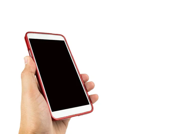 Mão Segurando Telefone Inteligente Isolado Fundo Branco Com Caminho Recorte — Fotografia de Stock
