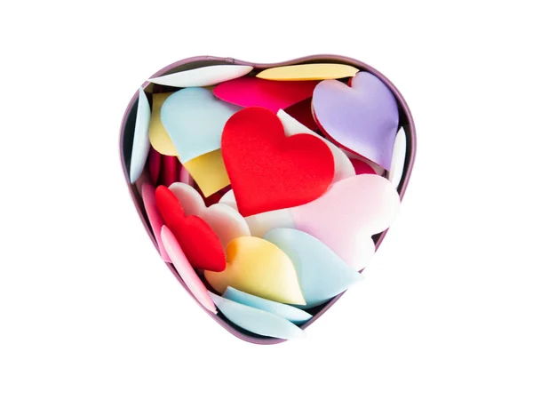 Herzschachtel Mit Bunten Mini Herzen Isoliert Auf Weißem Hintergrund Valentine — Stockfoto