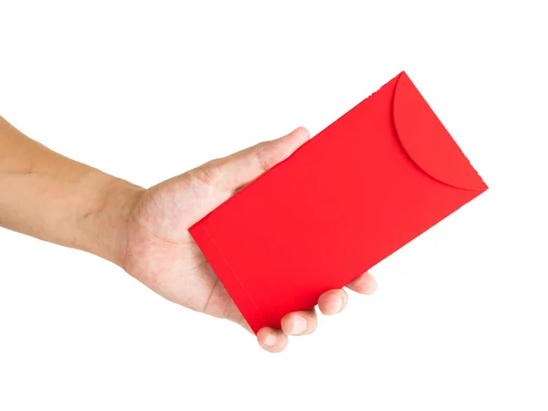 Ręka Mężczyzny Trzymać Czerwoną Kopertę Izolowana Białym Tle Chiński Nowy — Zdjęcie stockowe