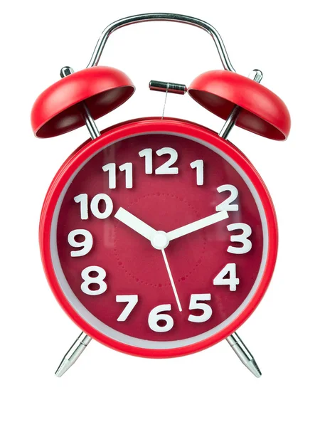 Kırmızı Alarm Clock Kırmızı Yuvarlak Çalar Saat Gösterir Beyaz Arka — Stok fotoğraf