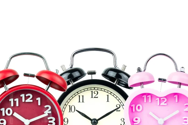 Three Alarm Clock Red Pink Black Isolated White Background — Stock Photo, Image