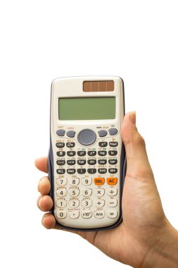 Elinde, numaraları, hesap makinesi hesaplamak, eklemek, eksi izole kırpma yolu ile beyaz arka plan üzerinde.