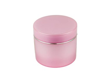 Beyaz arka plan üzerinde izole krema ile kozmetik pembe konteyner.