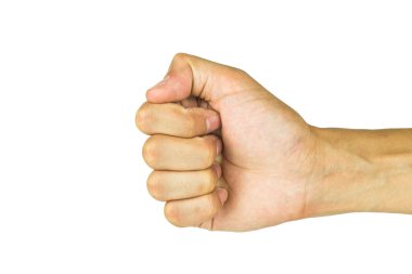 Kırpma yolu da dahil olmak üzere beyaz arka plan üzerinde izole adamın yumruk.