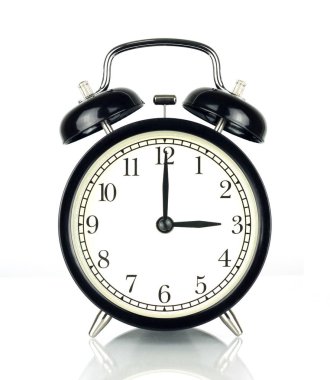 Alarm Clock isolated on white, in black and white, showing three o'clock.