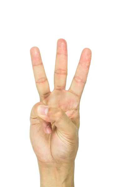 Mão Masculina Está Mostrando Três Dedos Isolados Fundo Branco Incluindo — Fotografia de Stock