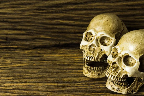 Calavera Humana Sobre Fondo Madera Vieja Bodegón —  Fotos de Stock