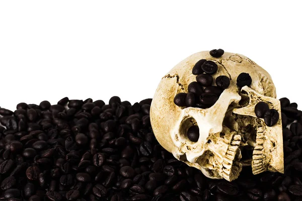 Calavera Humana Granos Café Aislados Sobre Fondo Blanco Camino Recorte —  Fotos de Stock