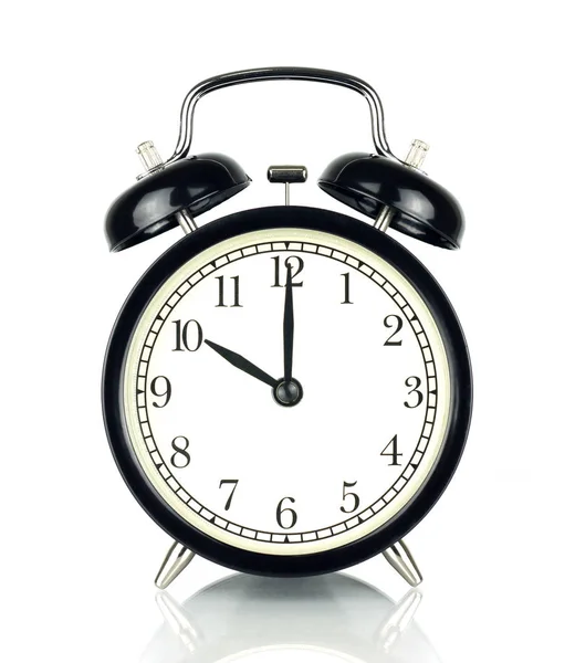 Reloj Despertador Aislado Blanco Blanco Negro Mostrando Las Diez Punto — Foto de Stock