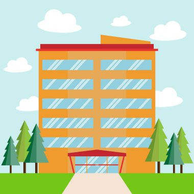 Ağaç ve bulut, düz stil, vektör çizim ile bina büyük iş Şirket.