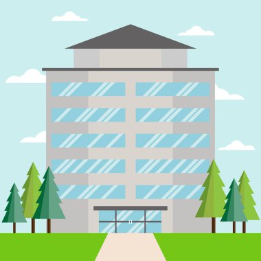 Ağaç ve bulut, düz stil, vektör çizim ile bina büyük iş Şirket.