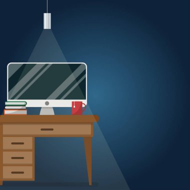 Modern ofis tasarımcı çalışma alanı ile düz tasarım mobilya iç tasarımı. Web sitesi ve afiş, çalışma alanı ve kopya alanı için.