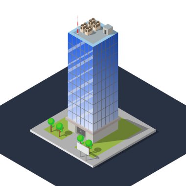 Ofis Binası ve yol düz ve izometrik tasarımı, vektör çizim Eps10 ile.