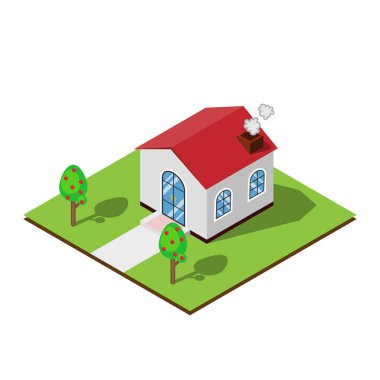 Town House ağaçlar ve Bahçe izometrik Tasarım görünümünde.