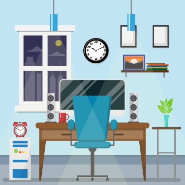 Belgeleri bilgisayar ile modern masa seti ve ileti örneği çalışma alanı, düz tasarım bilgisayar kümesi vektör çizim Eps10 olduğunu.