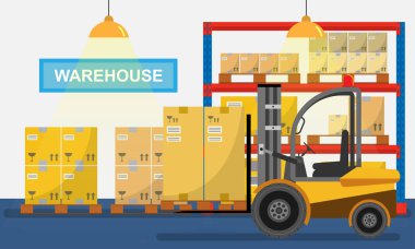 Beyaz arka plan üzerinde vektör çizim simgesi yükleyici kutusunu izole kutuları izole düz tasarımı ile ambarındaki forklifti.