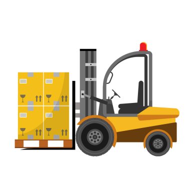Beyaz arka plan üzerinde vektör çizim simgesi yükleyici kutusunu izole kutuları izole düz tasarımı ile Forklift kamyon.
