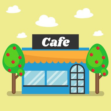 Sokak Cafe, Coffeeshop ve düz tasarım konsepti, vektör çizim ile elma.