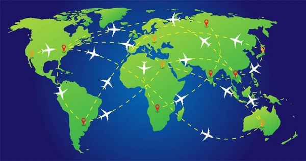 Vliegtuig Routes Wereldkaart Met Markeringen Kaart Aanwijzers Reizen Vliegtuig Concept — Stockvector